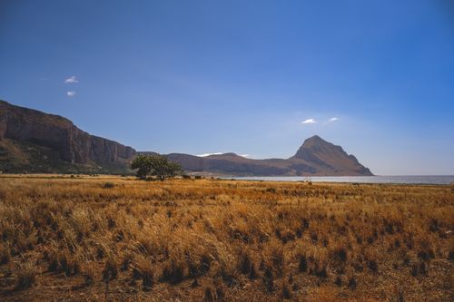 Free A picturesque coastal view with dry grasslands, cliffs, and a distant mountain under a clear sky. Stock Photo