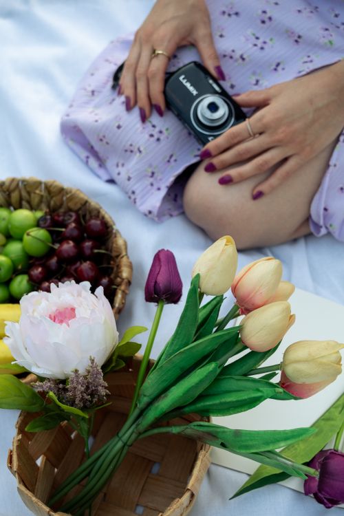 Free A serene picnic setup with fruits, tulips, and a digital camera. Stock Photo