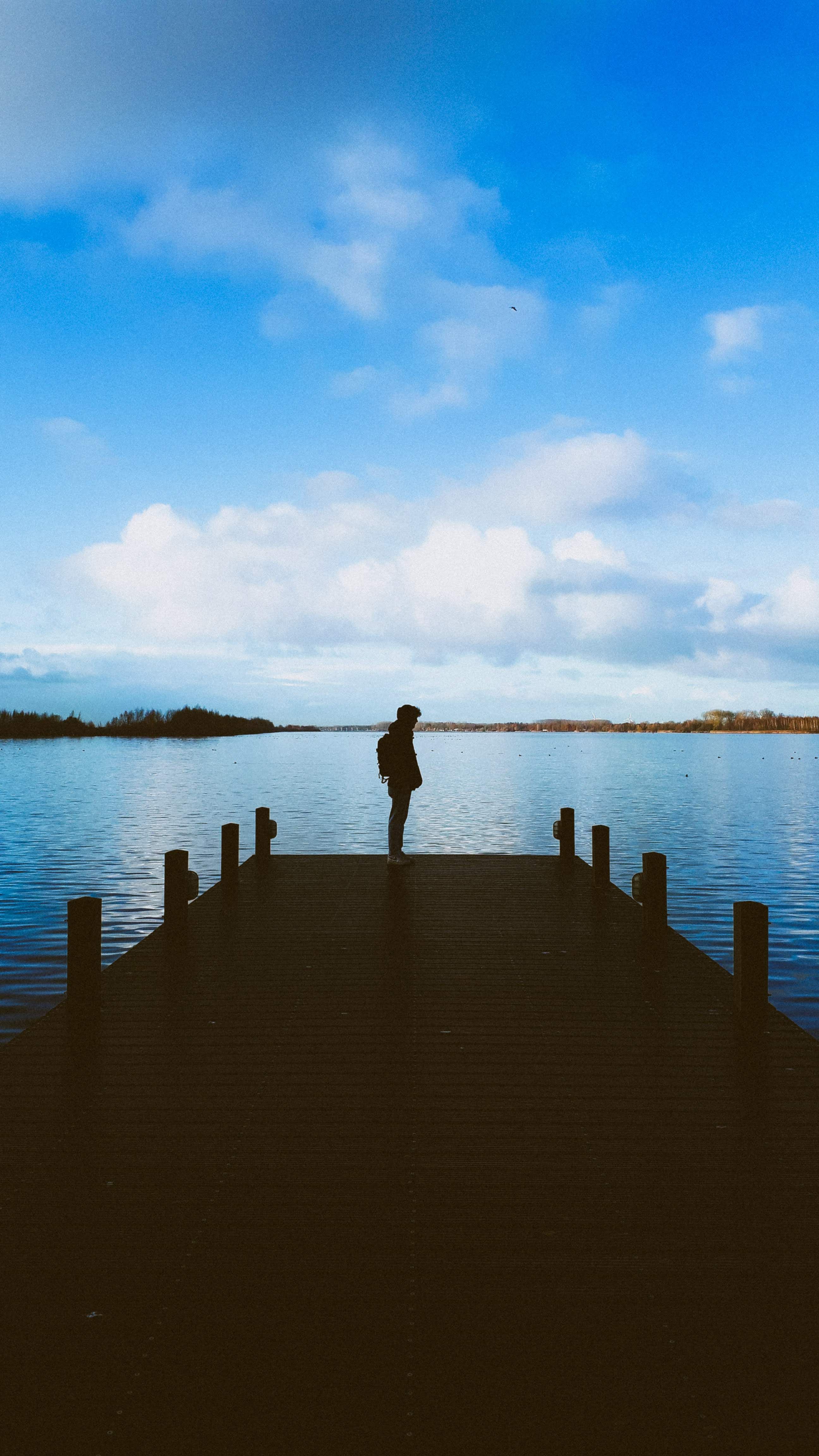 Silhouette of a man standing on a wooden pier over a calm lake under a blue sky in Putten, Netherlands.