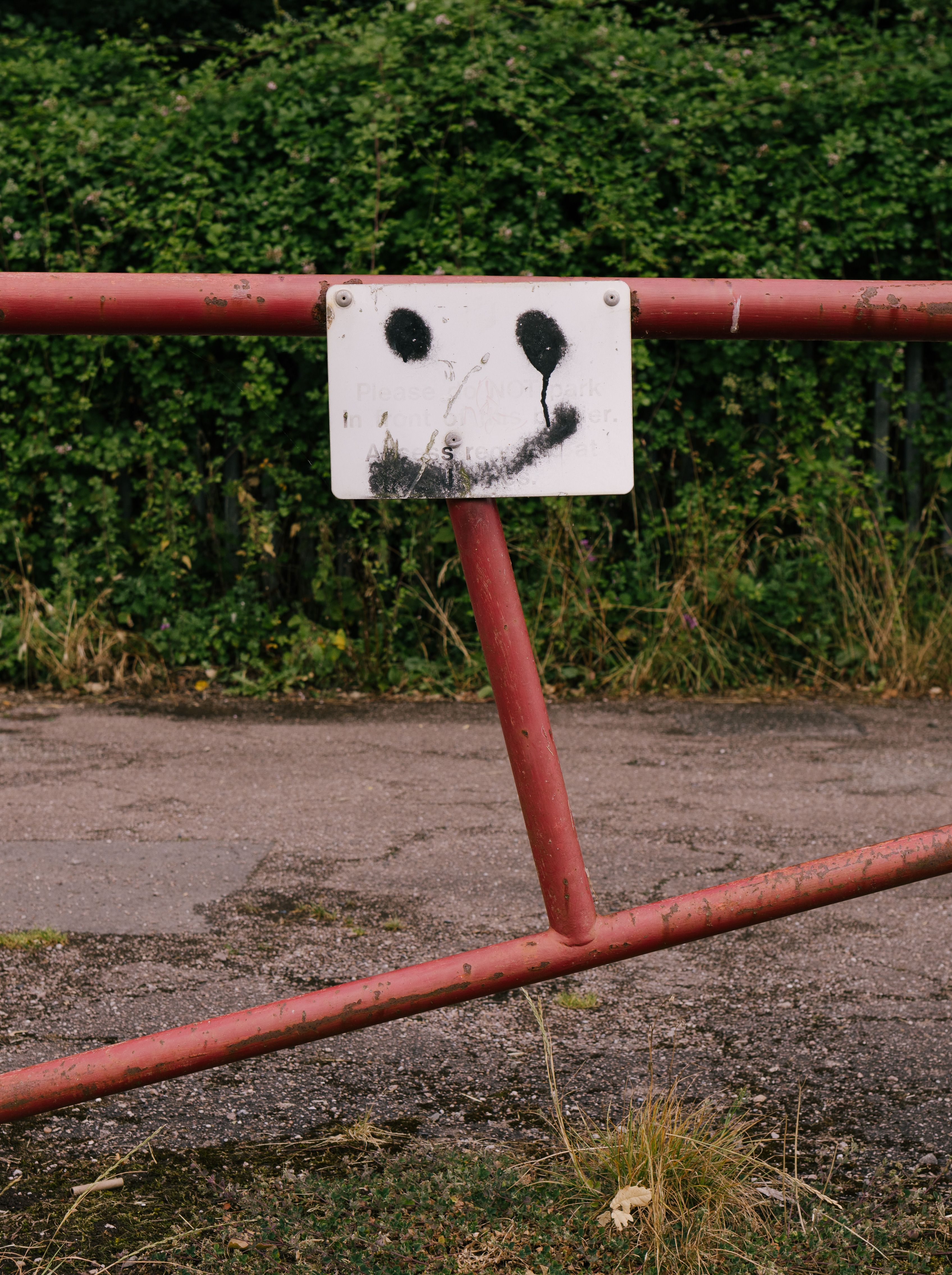 Red metal barrier in a rural area with a painted smiley face sign, emphasizing urban art.