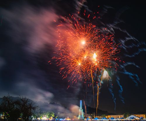 Free Colorful fireworks burst over a bustling nighttime festival, capturing a lively celebration. Stock Photo