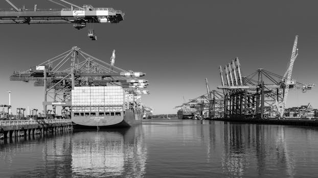 Black and white image of shipping port in Hamburg with cranes and cargo ships.