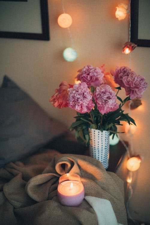Free Lighted Tealight Candle Near Pink Carnation Flowers Stock Photo