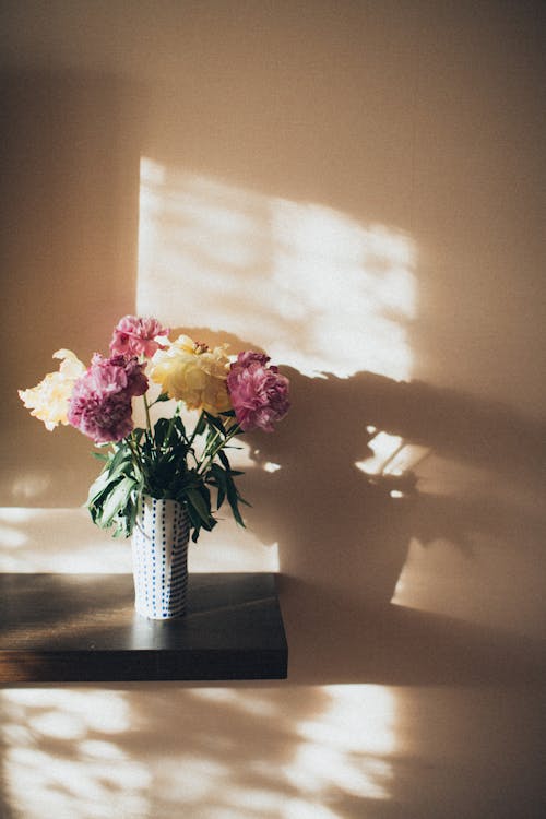 花瓶上的粉色和白色的花朵