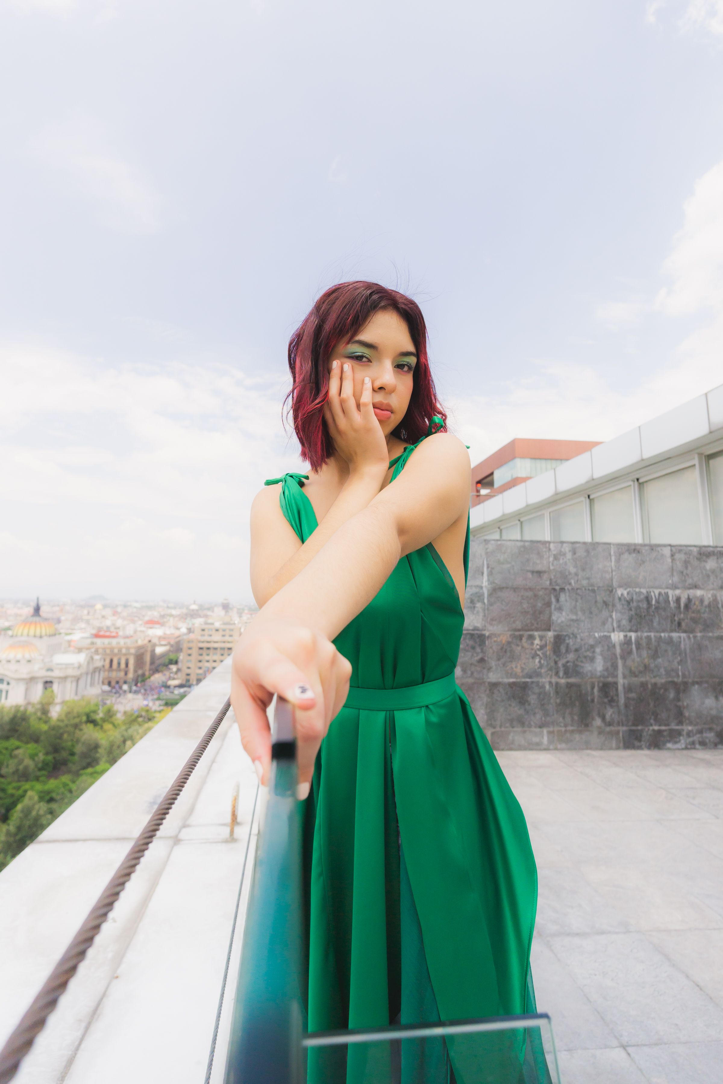 model in green dress Maddie Short Blouson Sleeve Dress main image 1