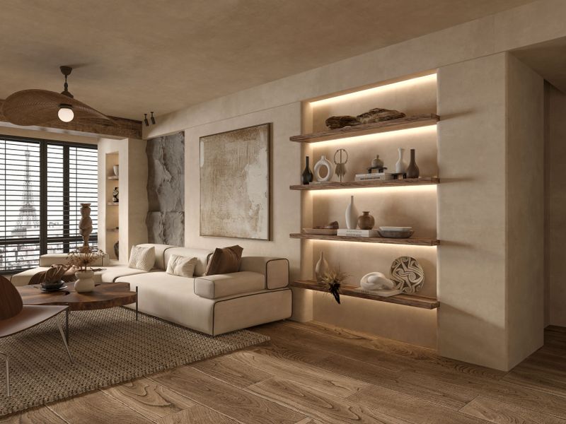 Real photograph of a modern living room interior with coordinated furniture and decor