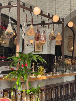 Charming bar interior with hanging meats, potted plant, and warm ambiance.