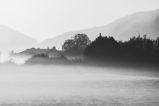 Black and White Photo of Fog above the Shore