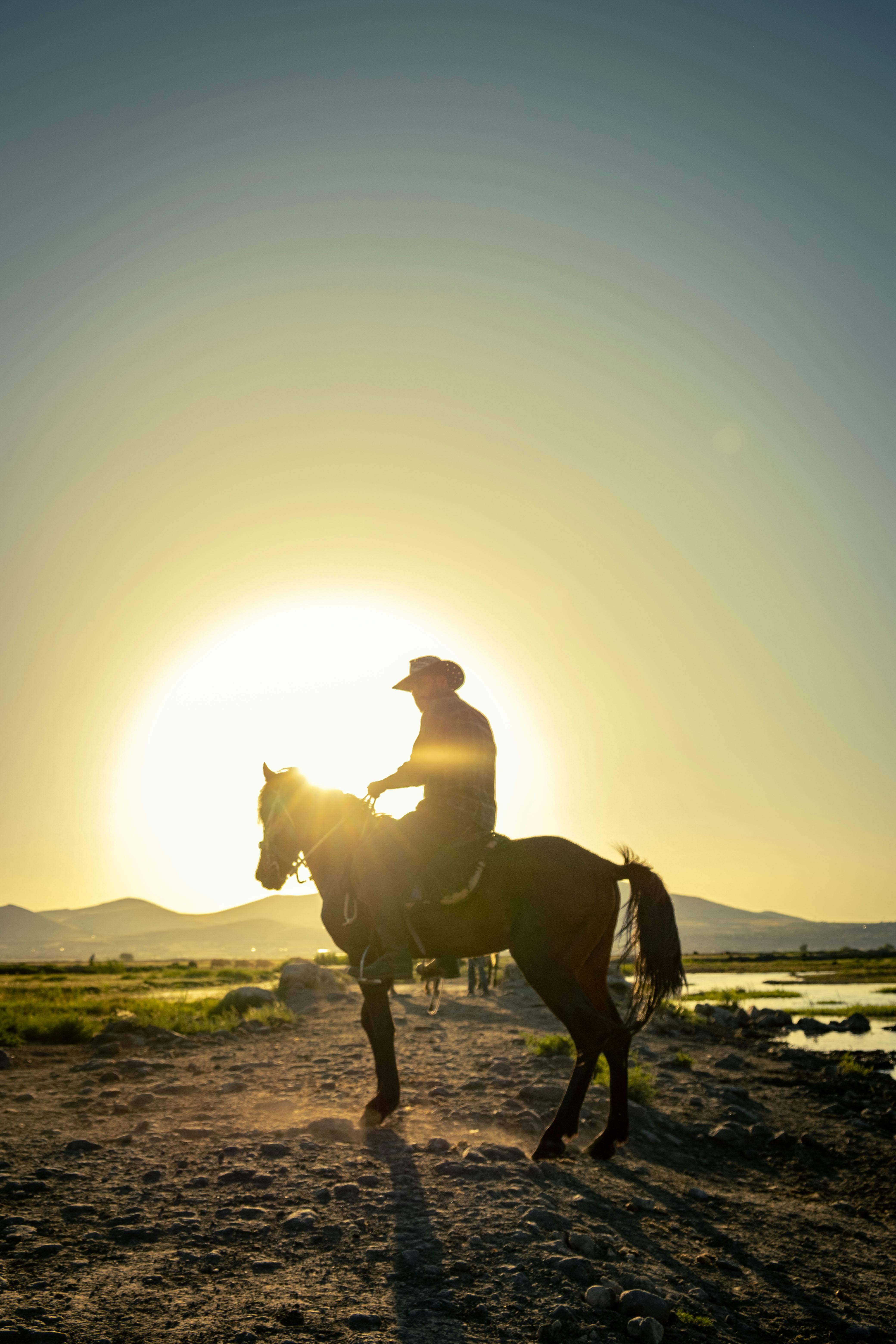man sitting on horse in countryside sunset