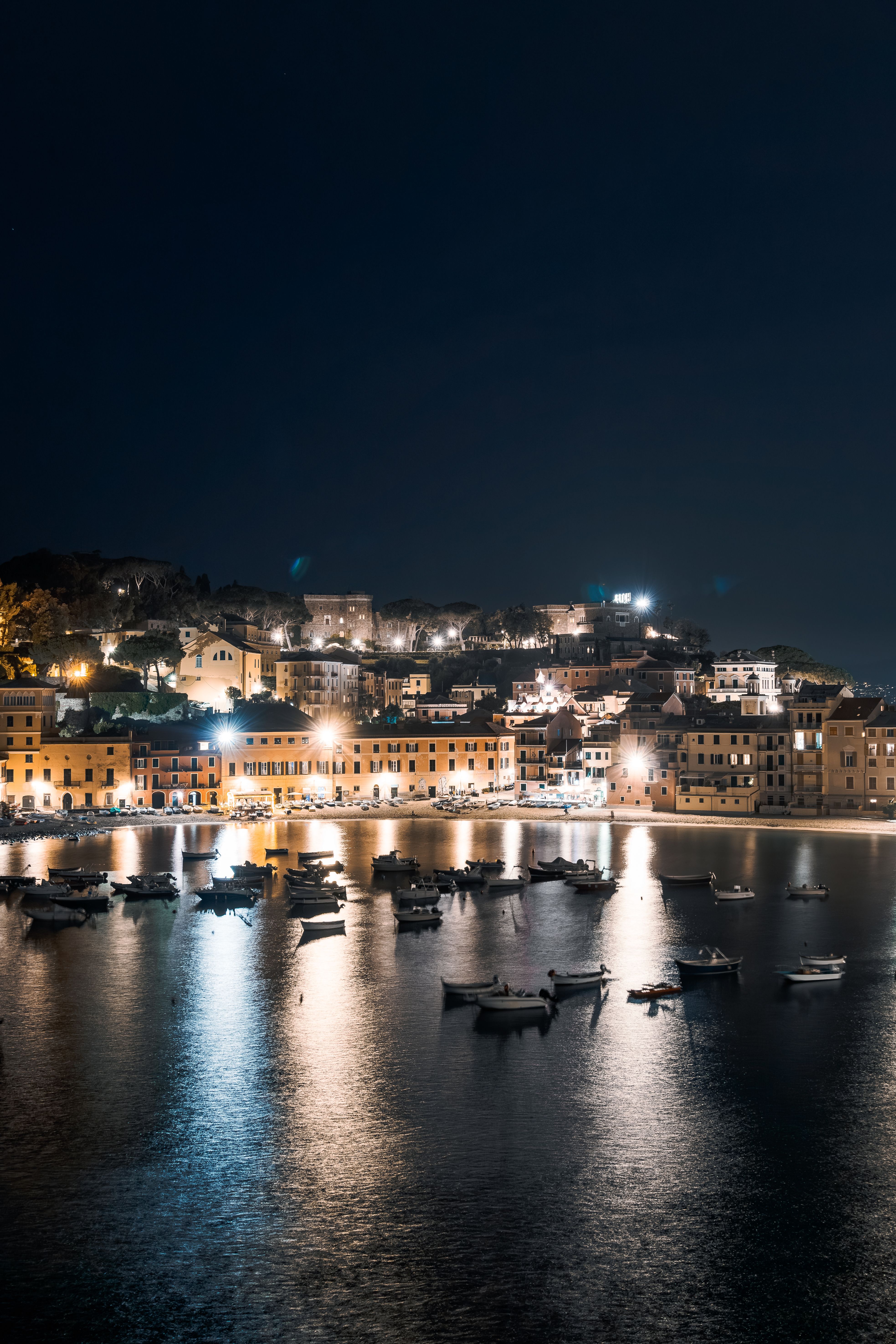 Illuminated Coast of Genoa at Night · Free Stock Photo