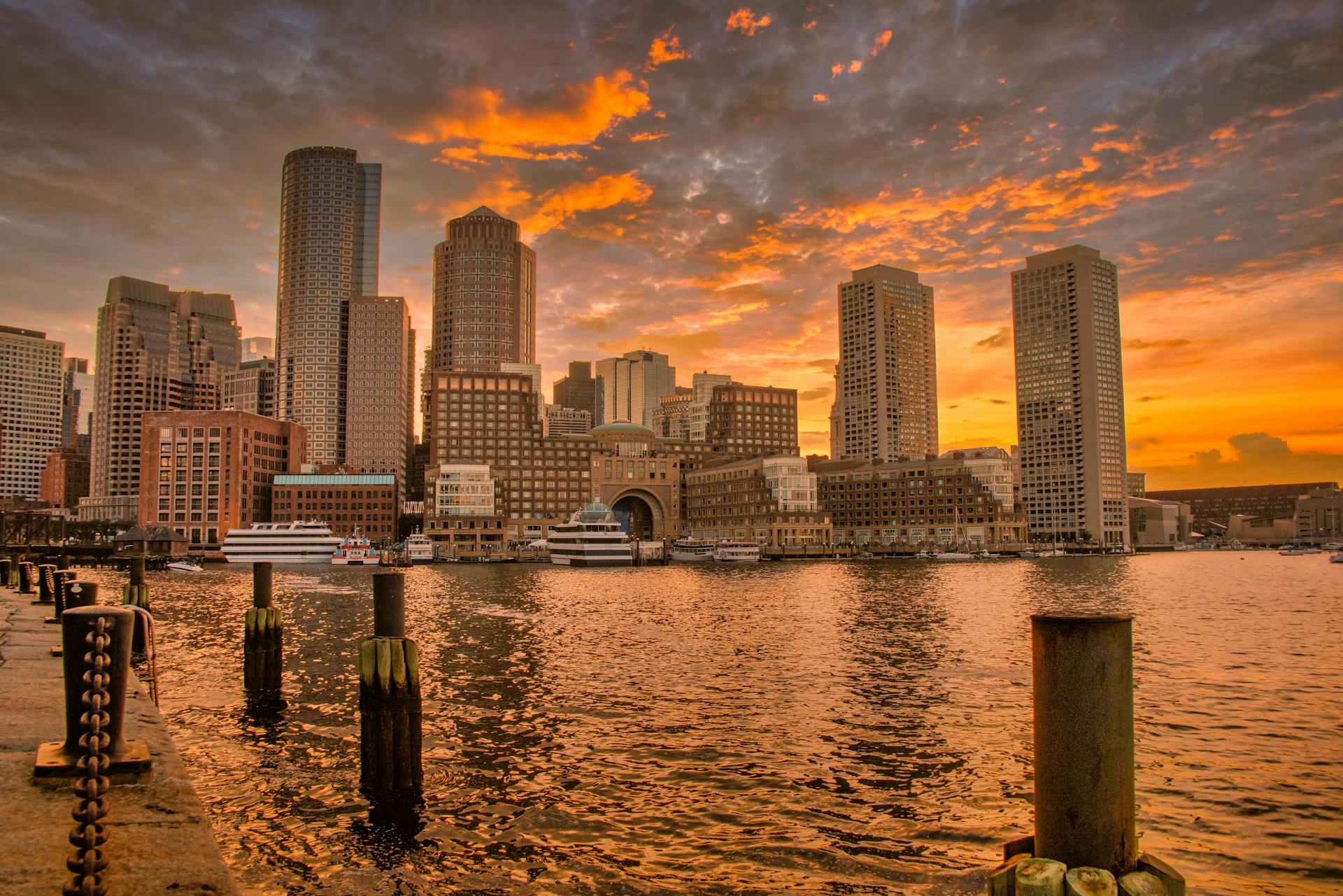 Skyscrapers on Sea Coast in Boston at Sunset