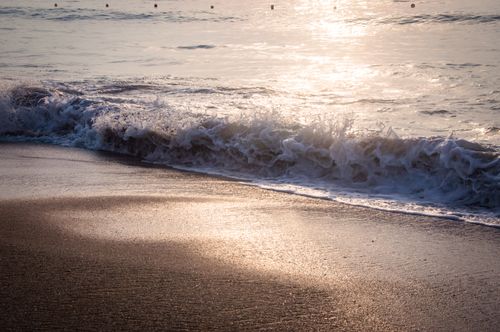 Free Tranquil waves gently rolling onto a sunlit beach at sunrise. Stock Photo