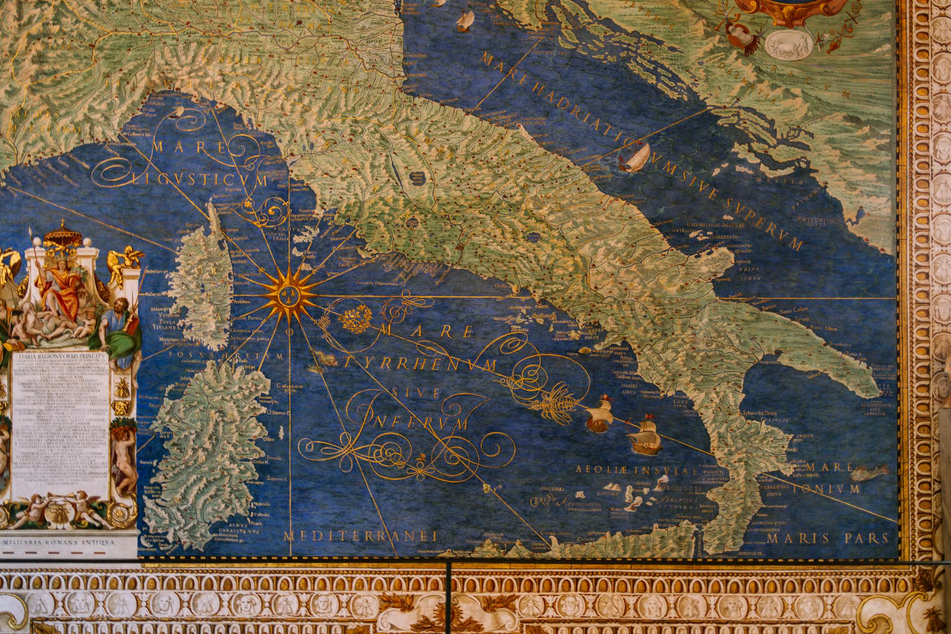 Historical map of Italy located in the Vatican Museums, showcasing Renaissance artistry.