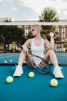 Stylish young woman in sportswear on a tennis court with racket and balls.