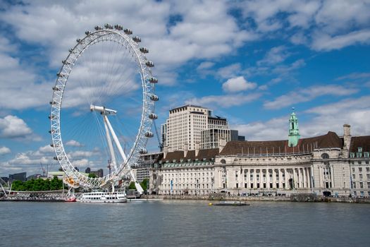 Breathtaking view of the London Eye beside the River Thames on a clear day in London.