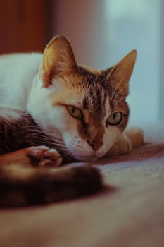Close-up of a cute cat relaxing indoors, basking in warm sunlight.