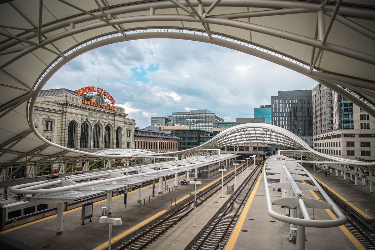 Denver Union Station and its train platform canopy in the LoDo neighborhood of downtown Denver