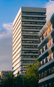 Stunning view of modern skyscrapers in Madrid under a clear sky.