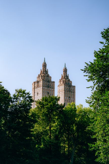 View of twin towers rising above lush greenery in Central Park, NYC, under a clear blue sky.