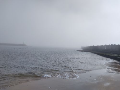 Free  beach, lighthouse and fog Stock Photo
