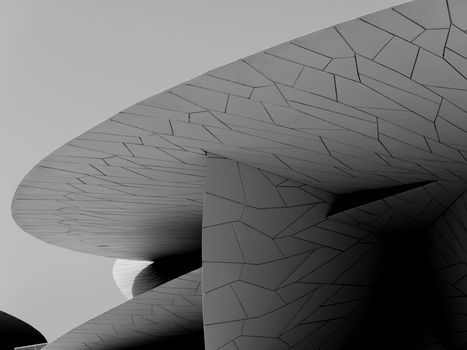 Black and white abstract view of modern architecture in Doha, highlighting unique design elements.
