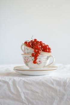 Red currants elegantly piled in decorative vintage tea cups on a tablecloth.