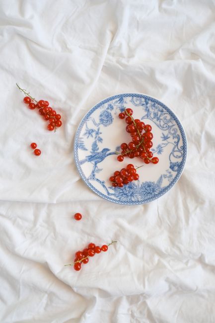 Red currants artistically arranged on a blue-patterned plate over white fabric, offering a fresh and sophisticated look.