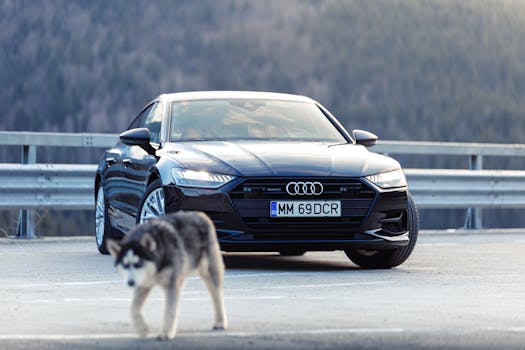 A sleek black car parked on a road with a husky walking in the foreground.