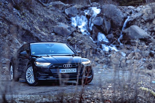 Black Audi A7 parked near a rocky waterfall in Romania's rural woods.