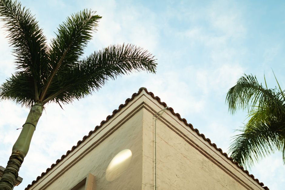Low angle view of a building corner with palm trees in Gold Coast, Australia.