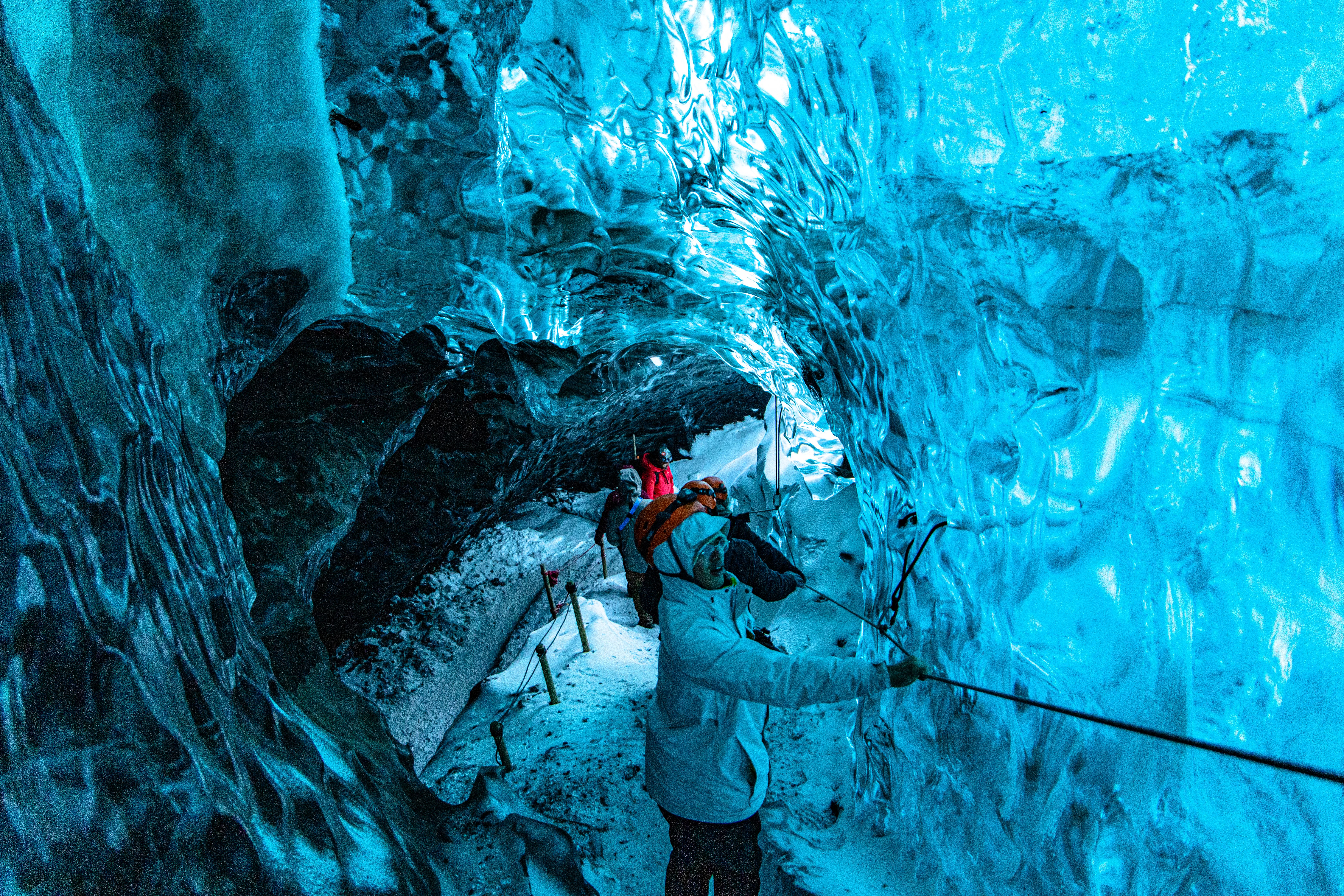 Inside a blue crystal ice cave beneath Vatnajokull, Iceland