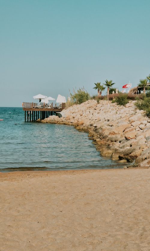 Free Serene beach view with a pier, palm trees, and clear blue sky in Cyprus. Stock Photo