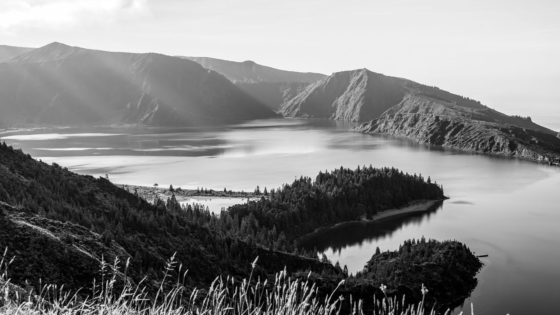 Stunning black and white aerial view of Lagoa do Fogo in Açores, Portugal. — photo by Alexandre Moreira / Pexels