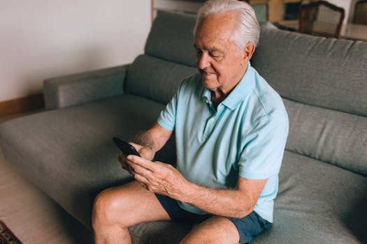 Elderly man relaxing on couch using smartphone, indoor lifestyle portrait.