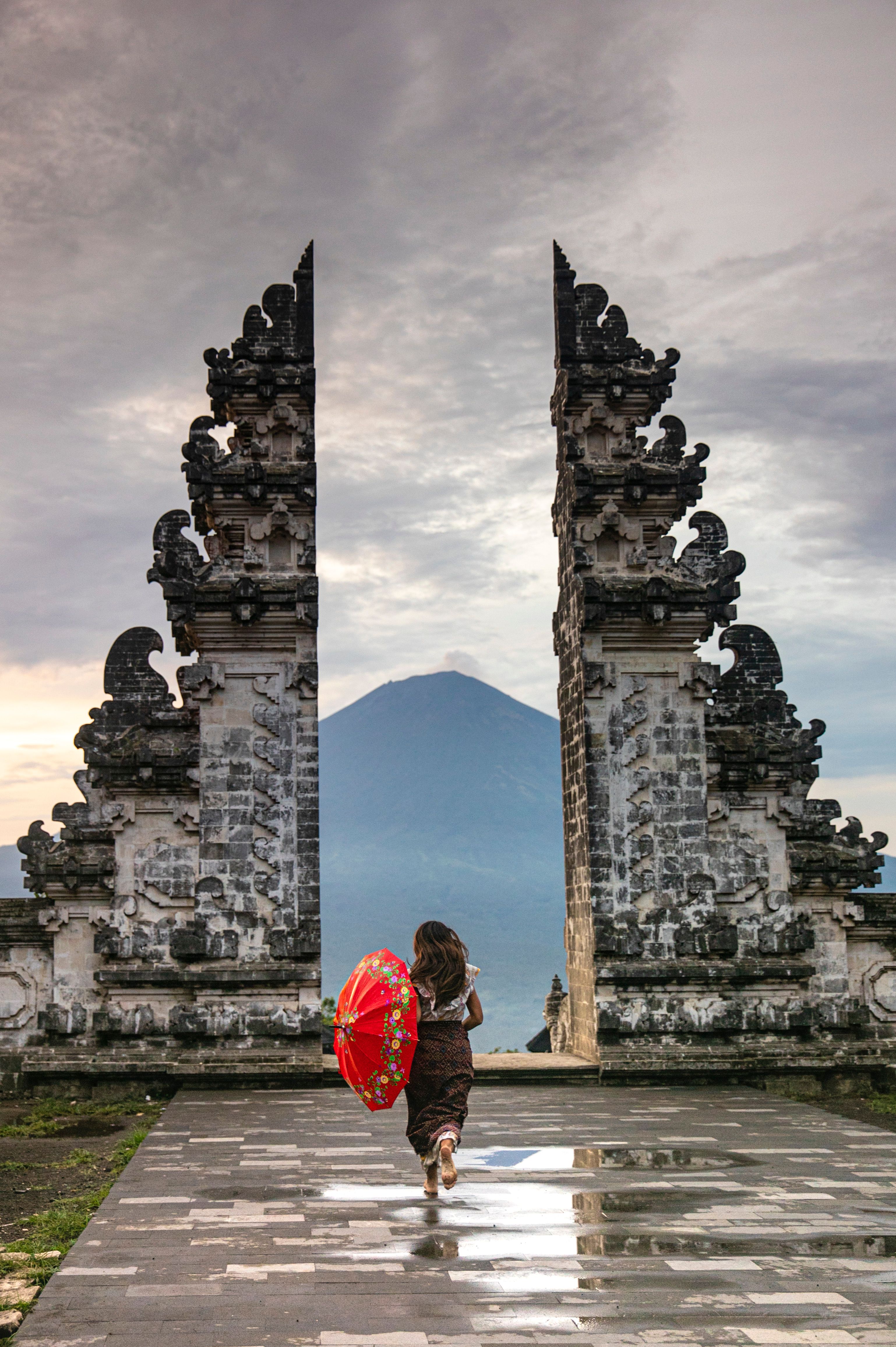 View of Mount Agung framed through the split gate of Pura Lempuyang temple in east Bali