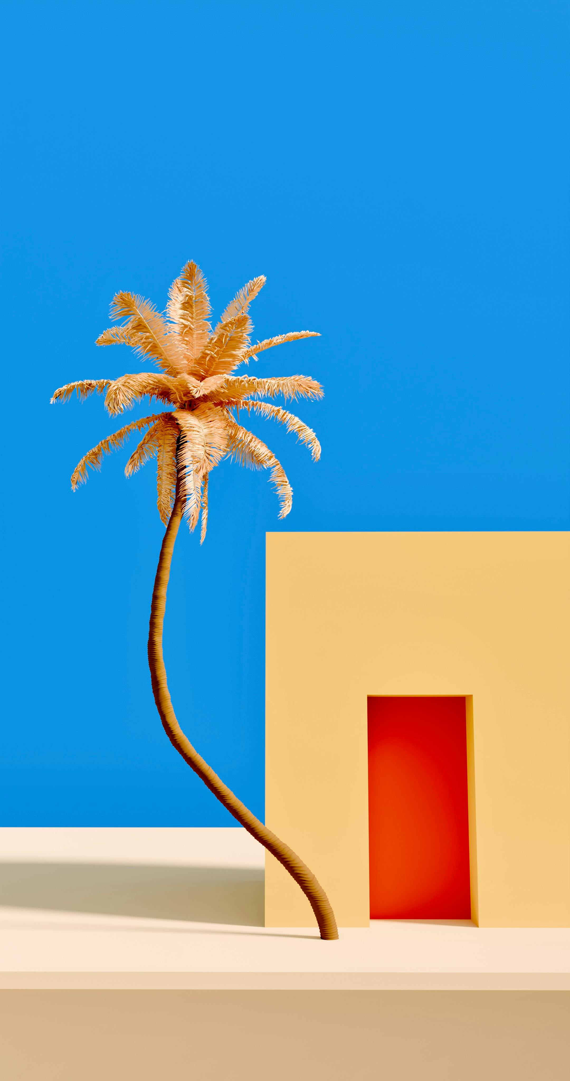 A minimalist yellow structure with a stylized palm tree against a vivid blue sky, evoking a summer feel.