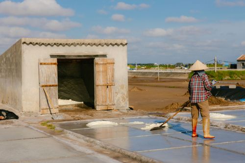 Free Salt farmer working on salt pans in a rural countryside during the day. Stock Photo