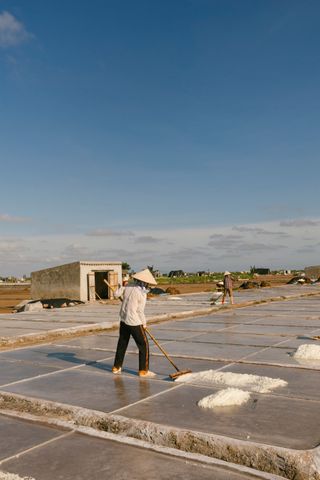 Workers harvesting salt pans — photo by Hong Son on Pexels