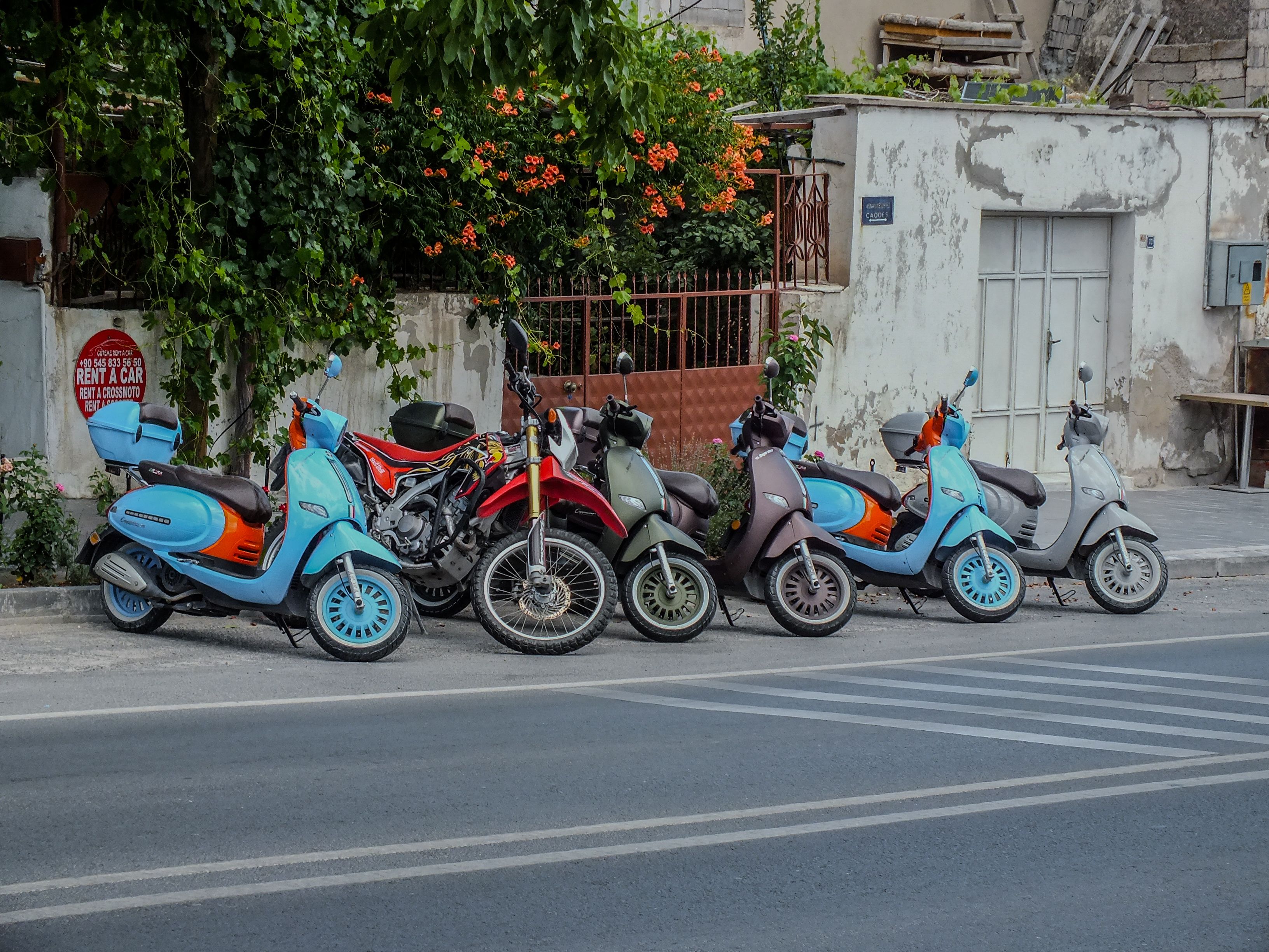 Rangée de scooters de couleurs différentes garés le long d'un trottoir dans une rue de ville