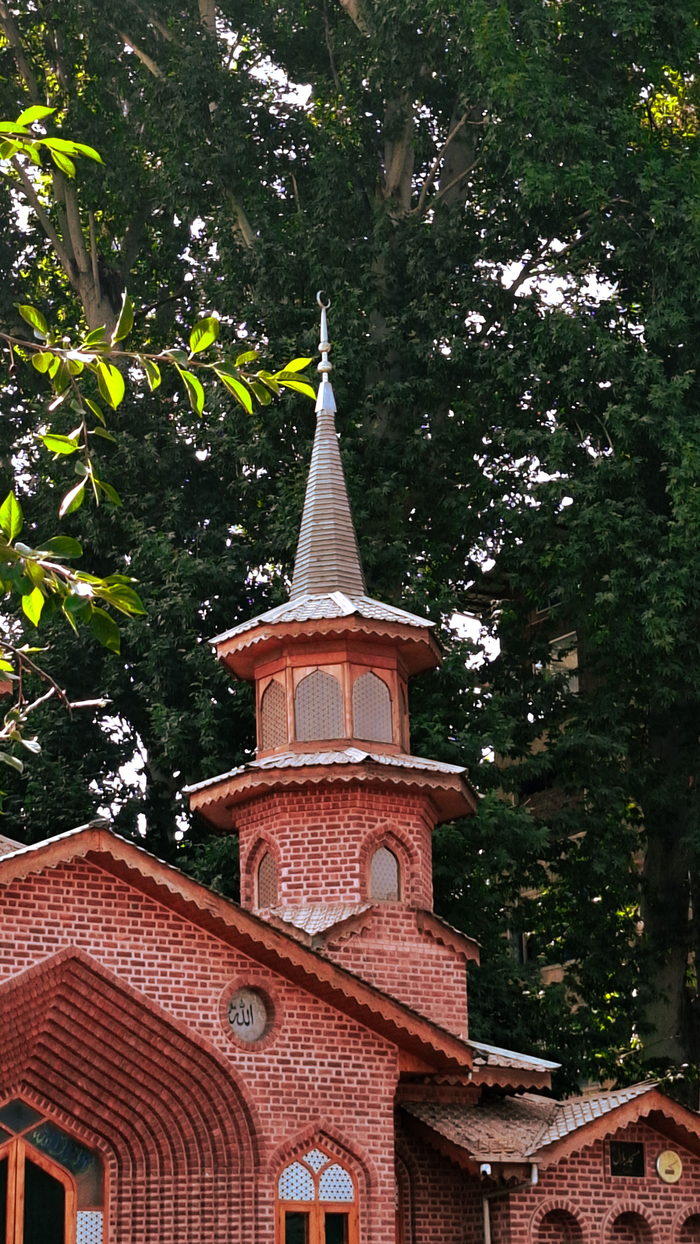 A stunning vertical shot of the Masjid Bilal tower surrounded by lush greenery in Srinagar, India.
