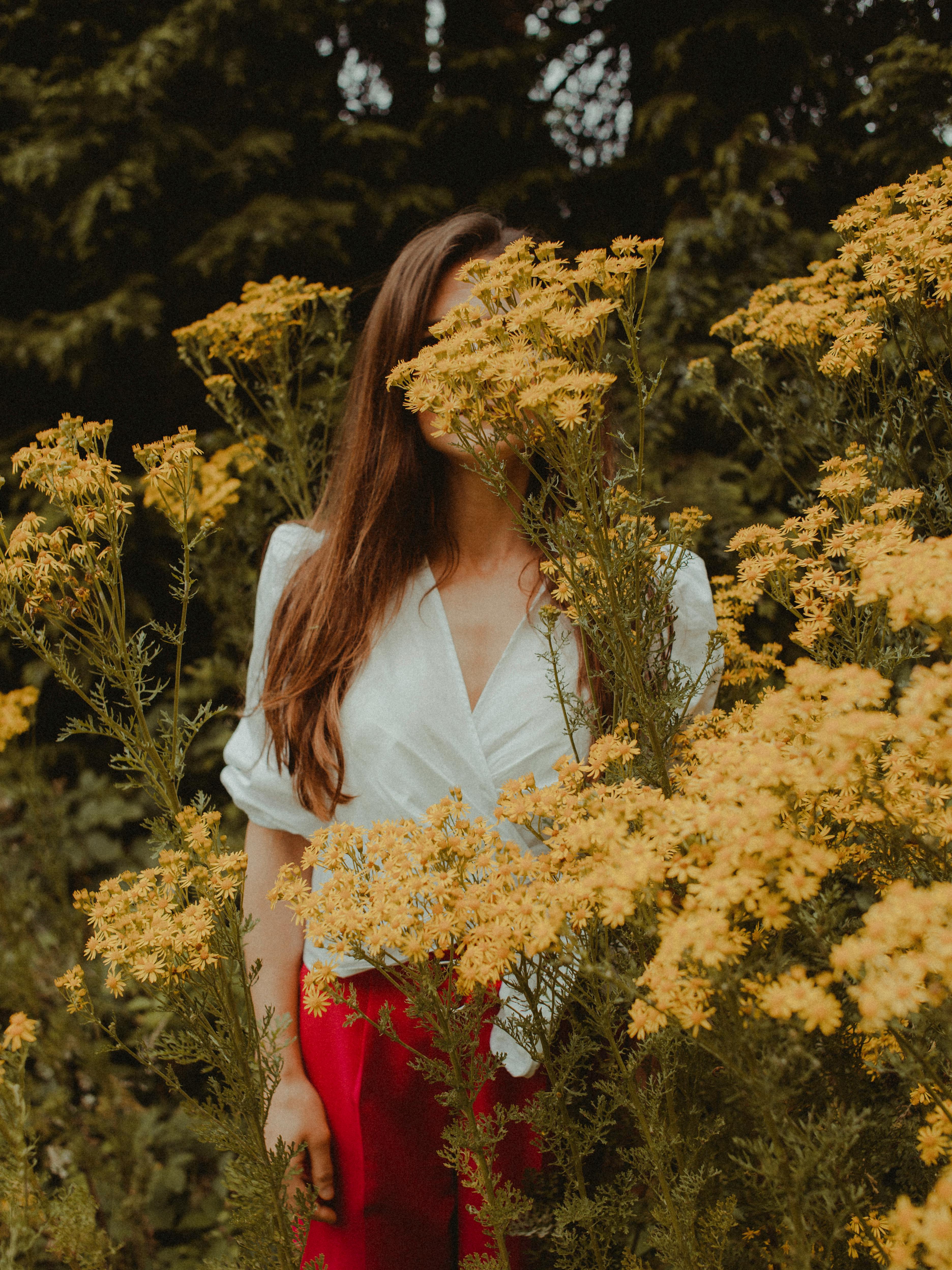 Photo of Woman Standing Near Yellow Petaled Flowers · Free Stock Photo