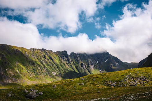 Serene landscape of mountains and grassy fields under a blue sky in Eggum, Norway.