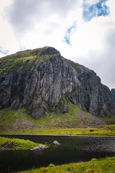 Explore the breathtaking cliff and lake scenery in Eggum, Nordland, Norway, showcasing nature's rugged beauty.