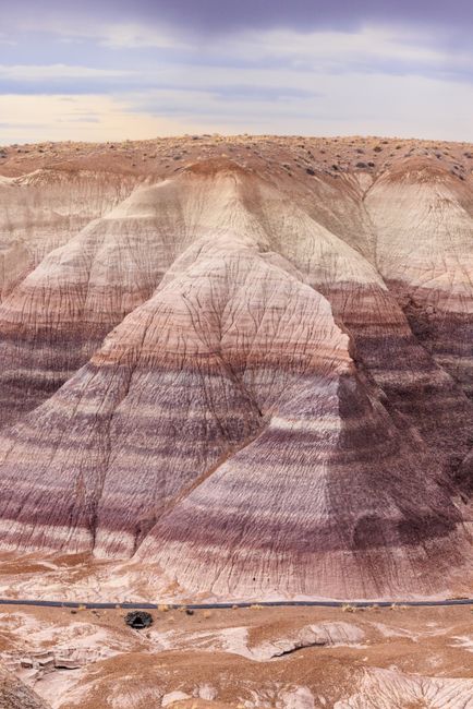 Vertical shot of colorful eroded hills in the Painted Desert, Arizona.