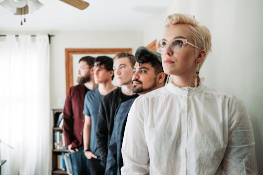 五名成年人在明亮的室内房间里摆姿势，展示当代眼镜时尚