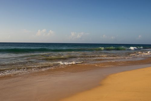 Free A peaceful tropical beach with golden sand and gentle waves under a clear blue sky. Stock Photo