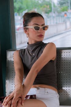 Fashionable woman in sunglasses and miniskirt sitting at a city bus stop.