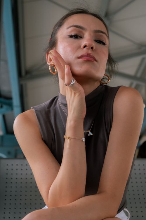 Free Elegant portrait of a woman posing indoors wearing jewelry and a gray turtleneck. Stock Photo
