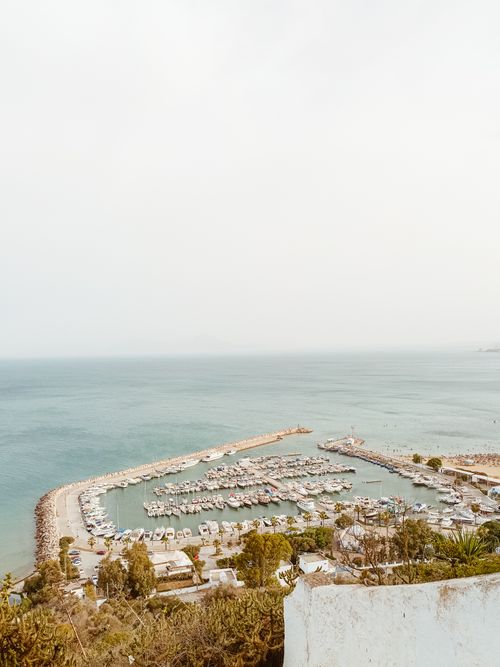 Free Peaceful harbor shot showcasing Sidi Bou Said's coastline, perfect for travel inspiration. Stock Photo