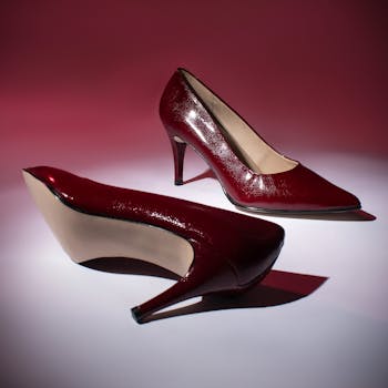 A striking close-up of stylish red high heels in a studio setting, showcasing elegance and luxury.